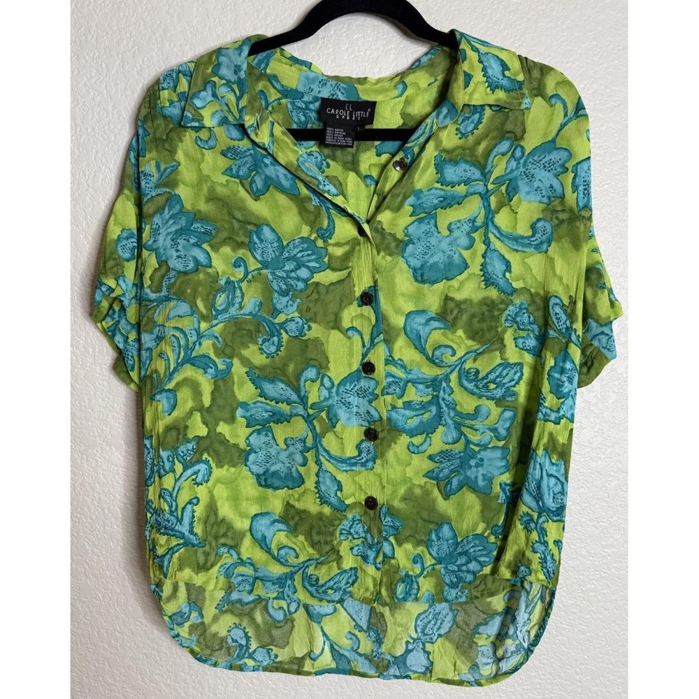 Carole Little Womens L Top Green Blue Floral Short Sleeve Button Front Rayon